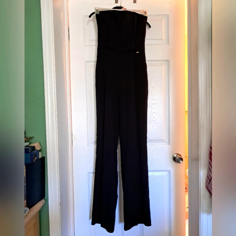$765 Luxury Elisabetta Franchi Italian Black Strapless Gold Logo Pocket Jumpsuit - Picture 1 of 13